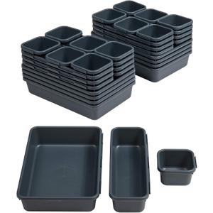 BYCY 32 PCS Desk Drawer Organizers - Interlocking Tool Boxes with 3 Sizes, Office, Bathroom, Kitchen, Makeup (Dark Grey)