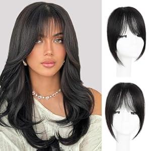 EINAEY Clip in Bangs, 100% Real Human Hair Natural Black Fake Bangs Clip in Hair Extensions French Bangs Fringe with Temples Hairpieces for Women Curved Curtain Bangs for Daily Wear