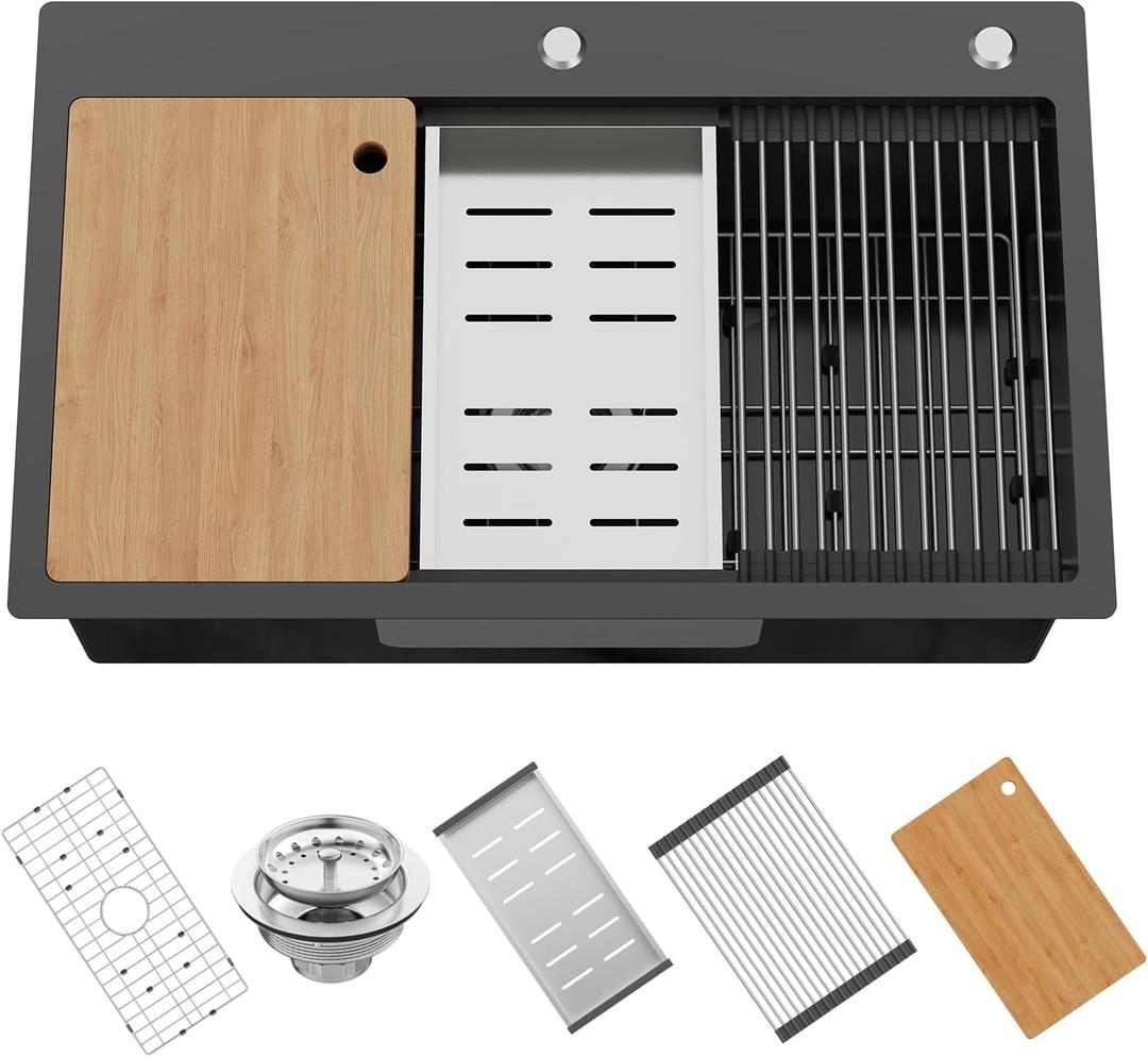 30x18In Black Stainless Steel Kitchen Sink Workstation,Drop-In,Single Bowl