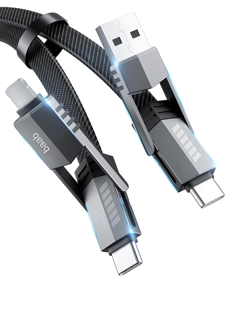 USB C Cable, [Baab Series] 4 in 1 100W USB C to USB C Cable 5ft Flat Nylon Braided Fast Charging Cord with Data Transfer Combo L/Type C/USB A Port for iPhone iPad MacBook