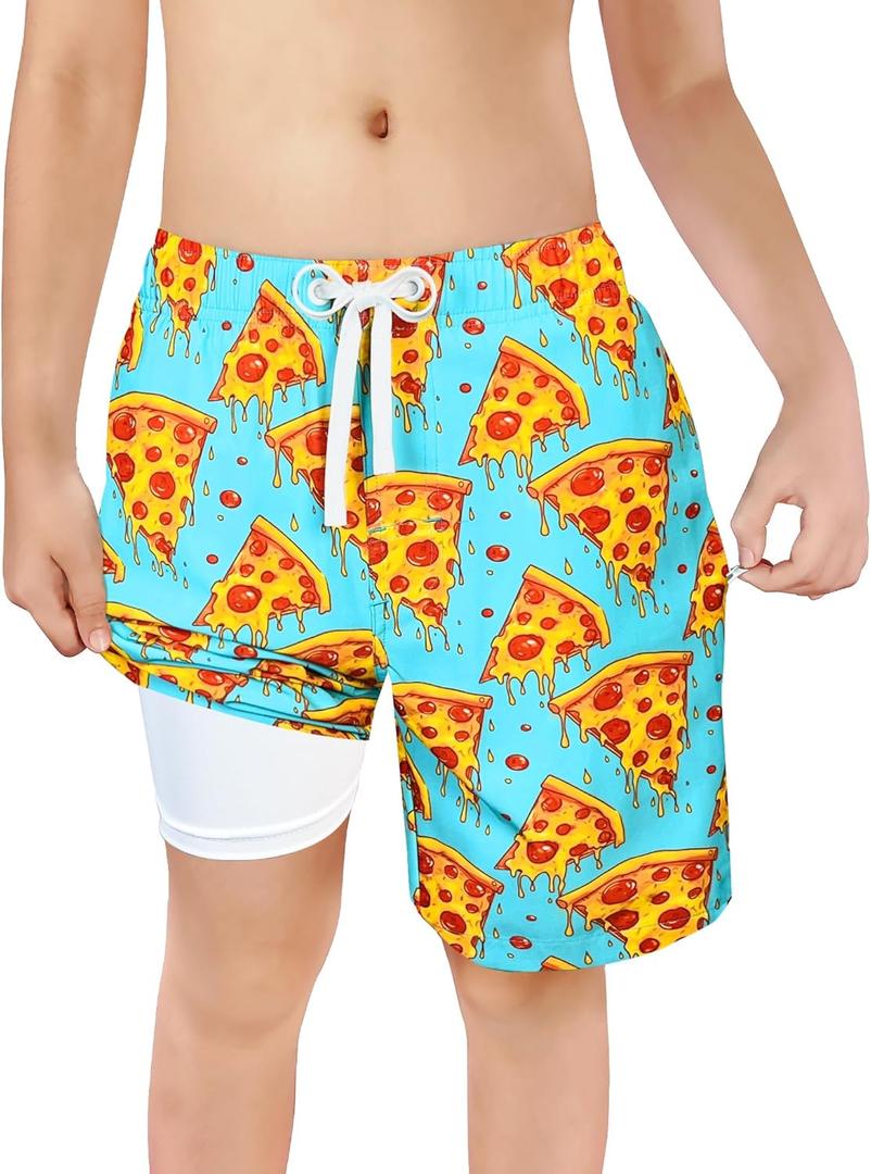 LUCOWEE Boys Swim Trunks Zipper Pockets Compression Liner Anti Chafe Swimsuit Bathing Beach Shorts Surf Quick Dry UPF 50+ (14-16, Vivid Pizza)