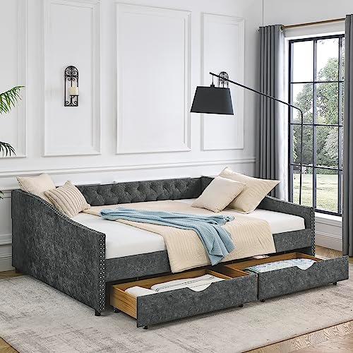 KEIKI Queen Size Upholstery Daybed with 2 Drawers and Headboard, Mid-Century Style Tufted Sofa Bed with Button on Back, Easy Assembly, No Box Spring Required, for Living Room and Bedroom, Grey
