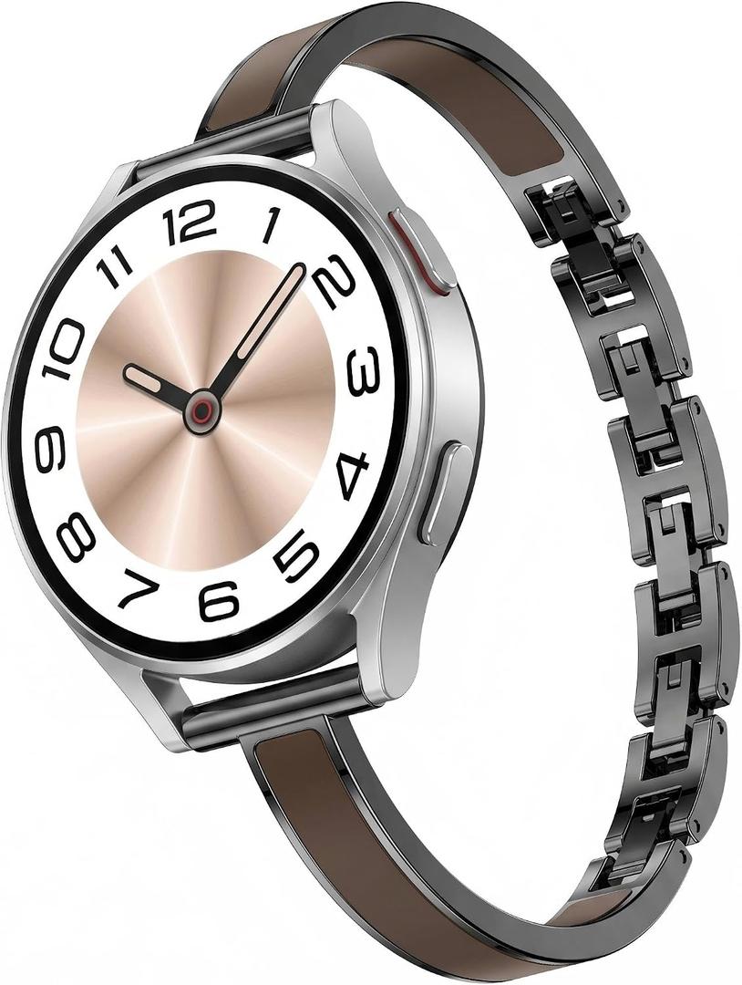 Mosonio Slim Elegant Band Compatible with Samsung Galaxy Watch 7/6/5/4/FE/Active 2 40mm 44mm for Women, 20mm Dressy Metal Bands with Embedded Silicone Accents and Easy-adjust Link Clasps for Galaxy Watch (Black + Cocoa-Brown)