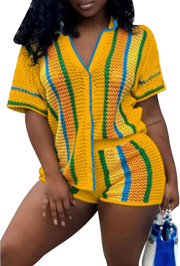 Summer 2 Piece Short Sets For Women Crochet Short Sleeve Shirt and Shorts Matching Set Vacation (X-Large, Yellow) Summer 2 Piece Short Sets For Women Crochet Short Sleeve Shirt and Shorts Matching Set Vacation (X-Large, Yellow)