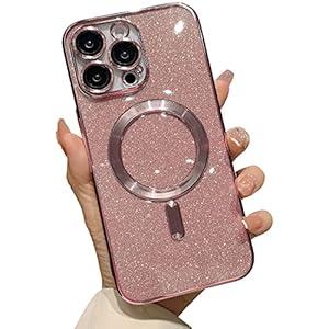 Designed for iPhone 15 Magnetic Glitter Case, Cute with Camera Lens Protector, Compatible with MagSafe, Soft TPU Slim Shockproof Clear Protective Phone Case Cover for Women Girls, Pink