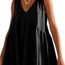 OPCAKM Women's V Neck Sleeveless Mini Dress Loose Summer Pleated Swing Flowy Sundress (Black), Small