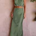 PRETTYGARDEN Women's 2 Piece Satin Outfits Summer Sleeveless Mock Neck Crop Tops and Long Skirt Dress Sets (Green, S)