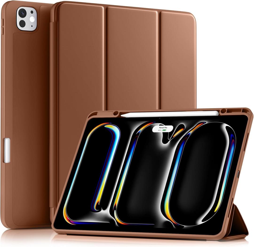 Akkerds Compatible with iPad Pro 13 Inch Case (M5/M4) 2025/2024, for iPad 13 Pro Case with Pencil Holder, Slim Trifold Stand Protective Cover with Soft TPU Back, Auto Wake/Sleep, Brown