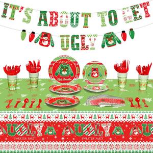 172 Christmas Ugly Sweater Decorations Xmas Disposable Dinnerware Set Party Supplies with Includes Paper Plates Cups Napkins Knifes Forks Spoons Tablecloths It's About to Get Ugly Banner, Serves 24