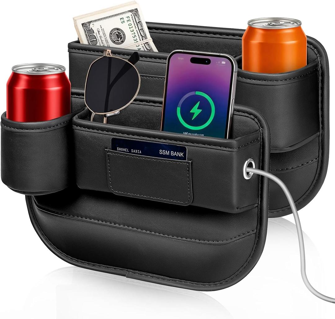 Kwak's Car Seat Gap Filler Organizer (2PC)  Fits 0.2"-1.2" Gap Premium Leather Car Console Organizer for Phone/Keys  Universal Front Seat Organizer for Car SUV Truck (Black)