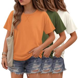 3 Pack Girls Short Sleeve T Shirts | Crewneck Tops, Loose Fit, Summer, Comfy Basic, Casual Blouse, Teen, Soft, Breathable, Daily Wear, 13-14 Years
