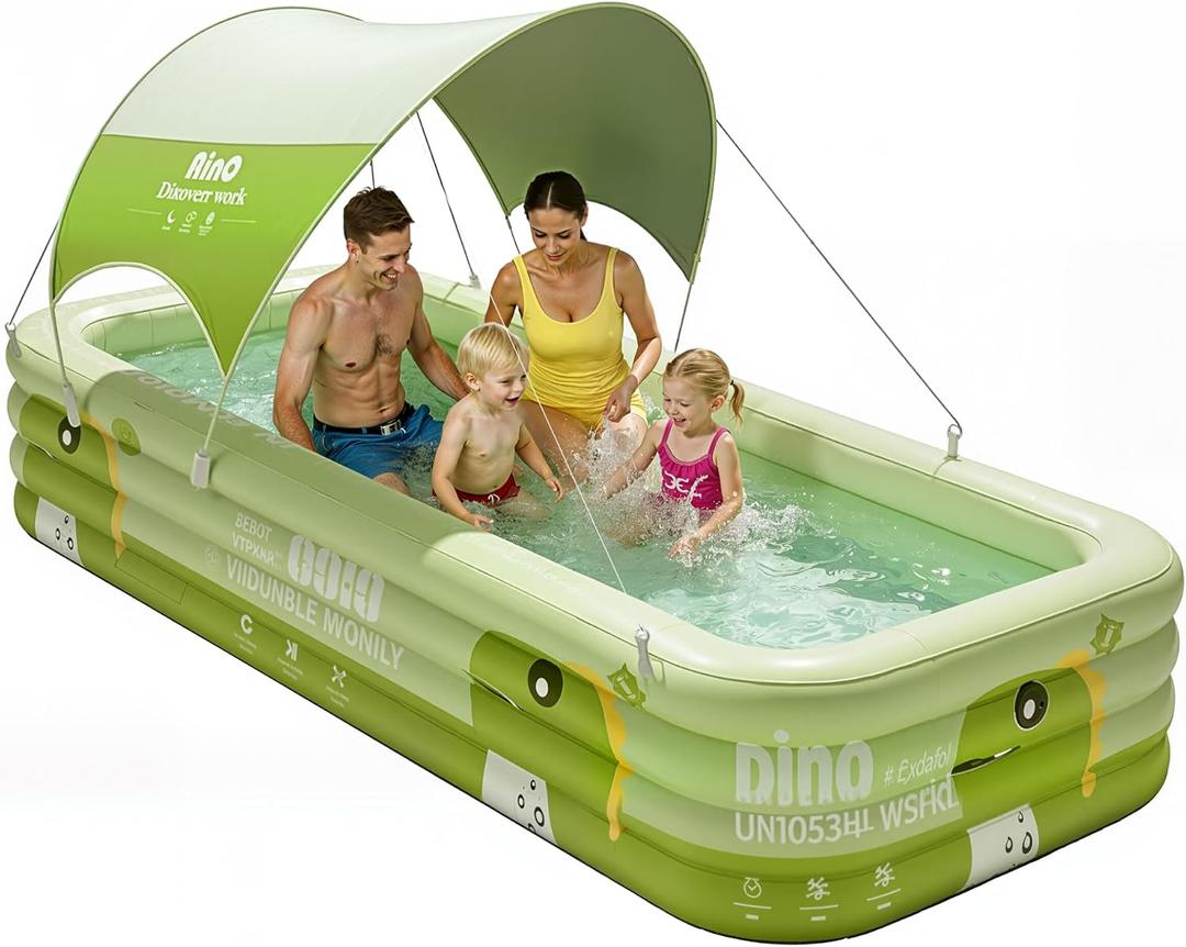 120" Large Inflatable Pool for Kids with Removable Canopy, 4-Layer Blow up Pool, 0.32mm Heavy Duty PVC, Family Durable Swimming Pool for Adults Pets Backyard Summer Green