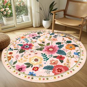 Floral Nursery 4ft Area Rugs Washable Print Boho Cute Carpet Non Slip Flower Low Pile for Living Room Kids Girls Playroom Bedroom Kitchen Office Farmhouse-Pink