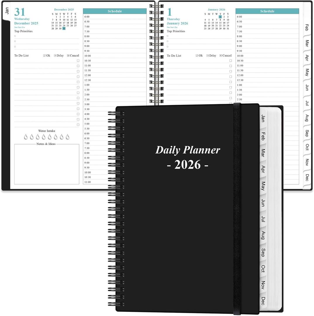 Daily Planner 2026 Full Page Per Day- 2026 Daily & Monthly Planner from January 2026 to December 2026, Day Planner 2026 with 12 Months Tabs, 8.5" x 11", Black