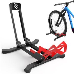 Bike Stand Floor, Portable Bike Storage for Garage - Fit for 24"-29" Bikes, Tire Width up to 3.5", Road & Mountain Bicycle Stand, Front and Rear Wheel Parking Rack - Red