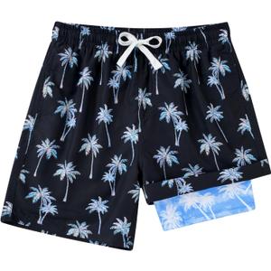 Cozople Boys Swim Trunks with Compression Liner Big Boys Quick Dry Bathing Suit Stretch 2 in 1 Beach Swimming Shorts,10-12 Years, Black Coconut