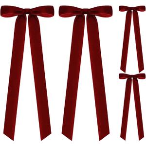 4 PCS Burgundy Velvet Bows for Christmas Tree, 23.5 X 8.7 Inches Large Christmas Bow, Big Vintage Christmas Decor for Wreath