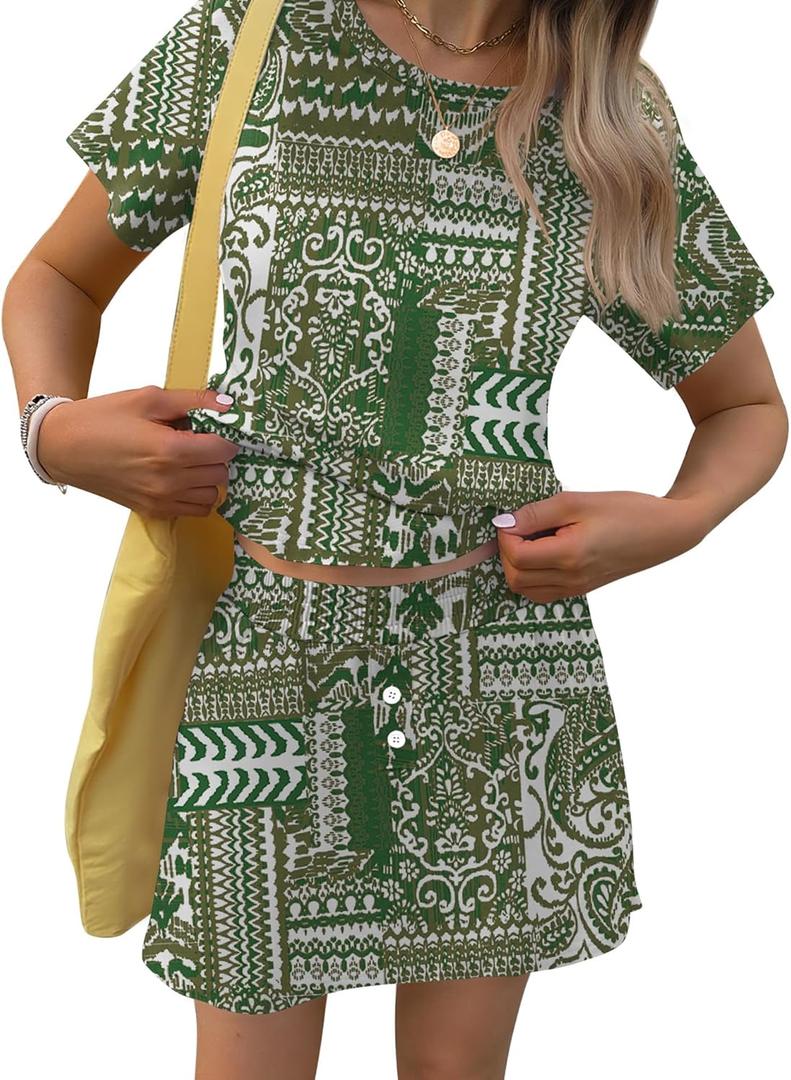 TCOT Pajamas for Women Set Summer Fashion Short Sleeve Crewneck Tops with Skirt Sets Pajama Casual Loungewear (Green, M)