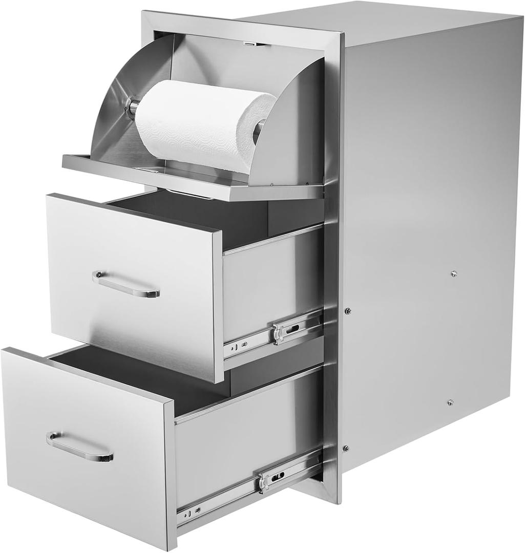 VEVOR 17W x 30H x 21D Inch Outdoor Kitchen Stainless Steel Double Access Drawers with Paper Towel Holder Combo for BBQ Island or Grill Station