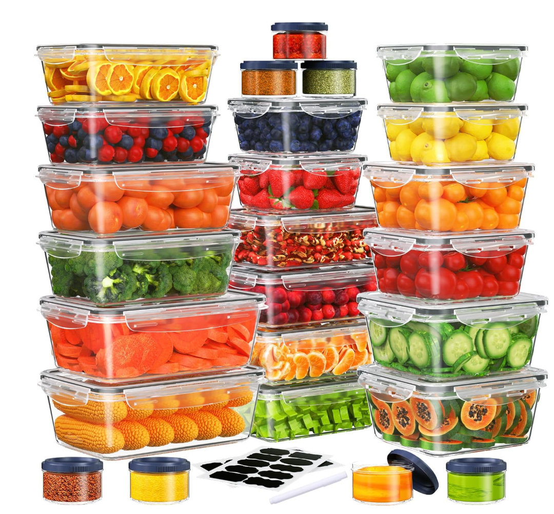 50 PCS Food Storage Containers Set, Plastic Food Containers for Pantry Kitchen Storage and Organization, Microwave and Dishwasher Safe, Leakproof & BPA-Free with Labels Pen