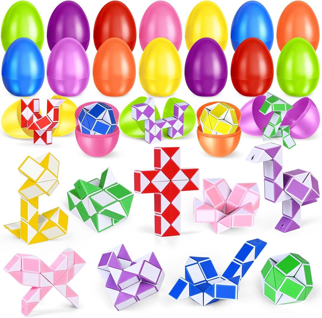 24 Pack Prefilled Easter Eggs with Snake Twist Toys, Blocks Fidget Toys Easter Gifts for Easter Hunt, Basket Stuffers Filler, Easter Party Favors, Classroom Prize, Surprise Egg