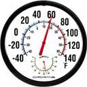 Circrane 13.25 Inch Round Thermometer with Hygrometer, Large Indoor Wall Patio Bimetal Weather Thermometer, No Battery Required, Black