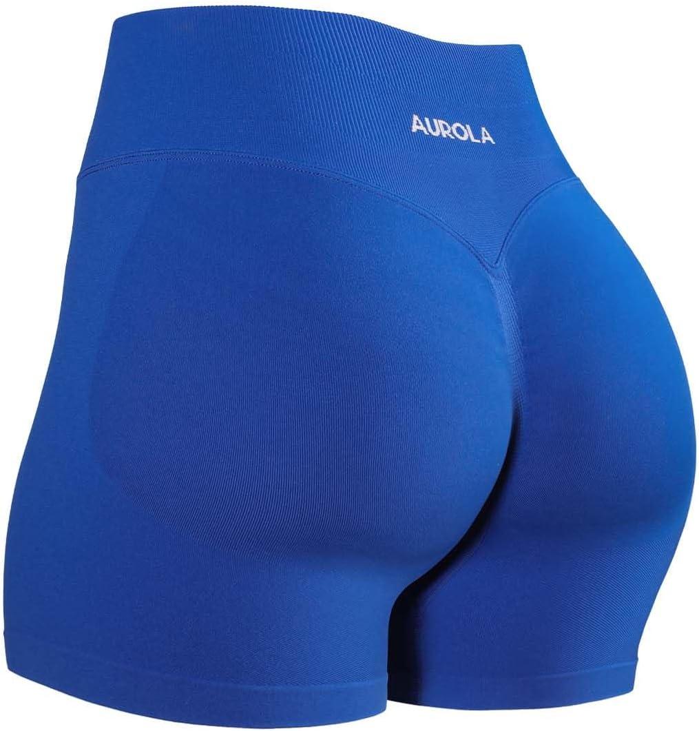 AUROLA Influence Collection Workout Shorts for Women, No Roll Up New Scrunch SeamlessGym Short-3.5" Inseam, Klein Blue, M