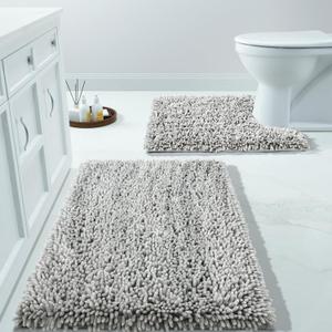 Yimobra Bathroom Rugs Sets 2 Piece, Luxury Shaggy Extra Thick Bathroom Rugs, Plush Non-Slip Mats for Bath Room Floor, U-Shaped Toilet Mat, Ultra Absorbent, 24 x 17 + 24.4 x 20.4 Inches, Light Grey