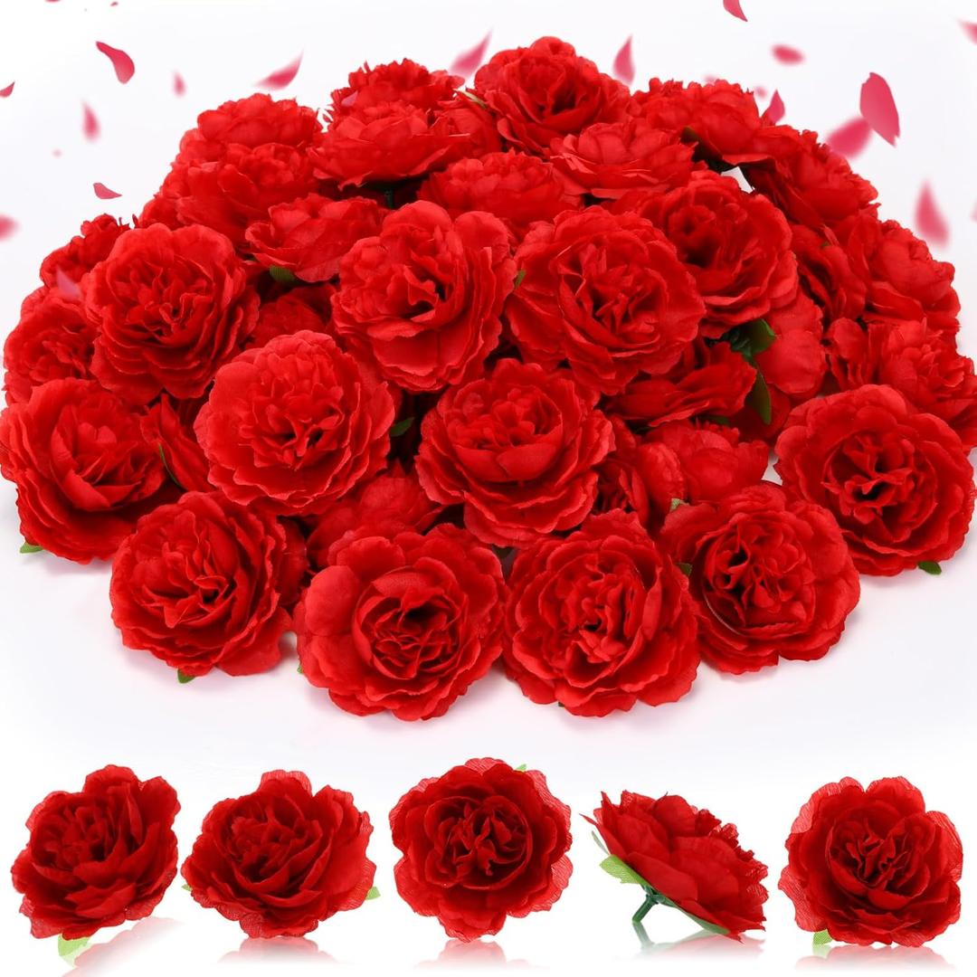50 Pcs Artificial Flowers, 3.2 Inches Silk Rose Head Flowers Fake No Stem for Wedding Bridal Bouquet Home Floral Decor DIY Centerpieces Arrangements Party Tables Decorations(Red)