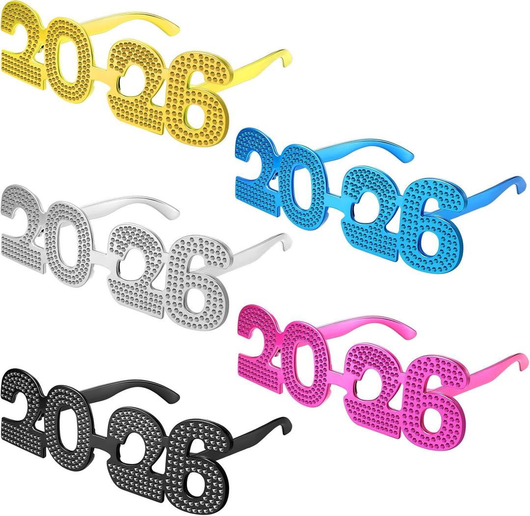 5 Pcs Happy New Year's Eve Glasses 2026 Plastic Eyeglasses Glitter Frames Glasses of 2026 New Year Decorations Party Eyewear Favor Photo Props, 5 Colors