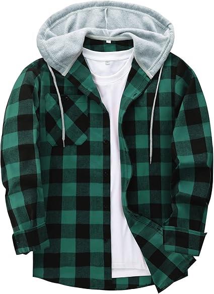 ZITY 2 Pack Men's Flannel Hoodie Shirts Long Sleeve Casual Vintage Button Down Plaid Shirt Jacket with Pocket, M