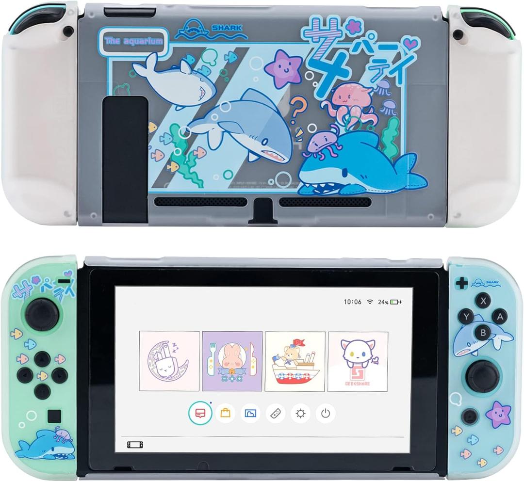GeekShare Protective Case Slim Cover Case Compatible with Switch Only - Shock-Absorption and Anti-Scratch Cover Skin for Switch - Shark Party (for Switch 2017)