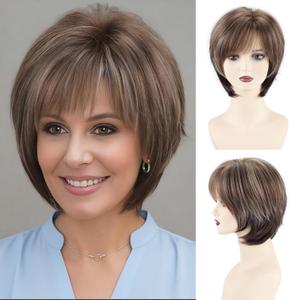 SEVENCOLORS Short Mixed Brown Wigs for White Women Natural Layered Short Hair Wigs with Bangs Synthetic Pixie Wig with Blonde Highlights