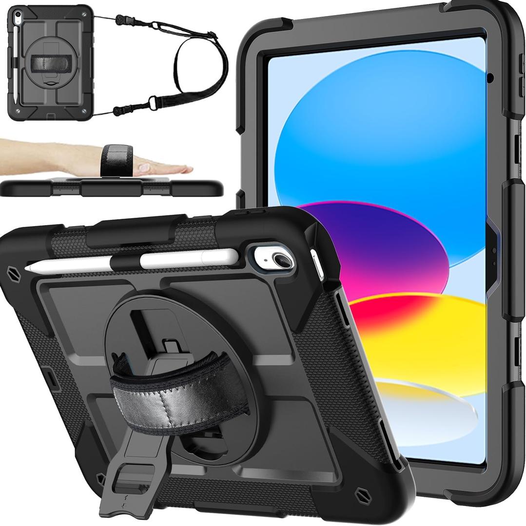 BMOUO Case for iPad (A16) 11th Generation 11" 2025/iPad 10th Generation 10.9 inch 2022, 360 Rotating Stand & Pencil Holder & Hand & Shoulder Strap Shockproof iPad 11th/10th Generation Case, Black