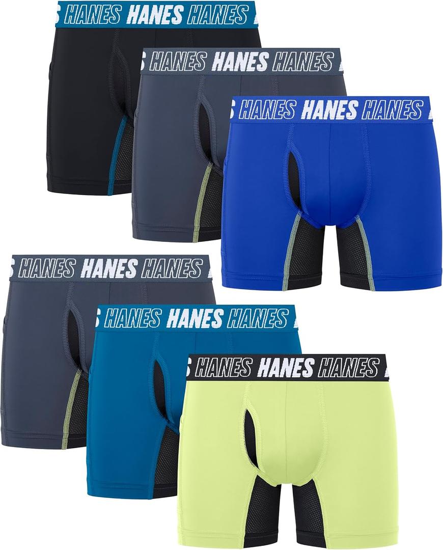 Hanes Moves Underwear, Anti-Chafe Boxer Briefs for Boys, 6-Pack (Small, Black/Blue/Lime- Regular Leg)