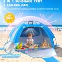 Baby Beach Tent Solar Cooling Fan, Anti-UV Toddler Beach Tent Sun Shelter Portable Travel Fan Beach Shade Tent, Baby Play Tent Built-in Ceiling Fan Sun Shelters Toddler Beach Essentials Blue