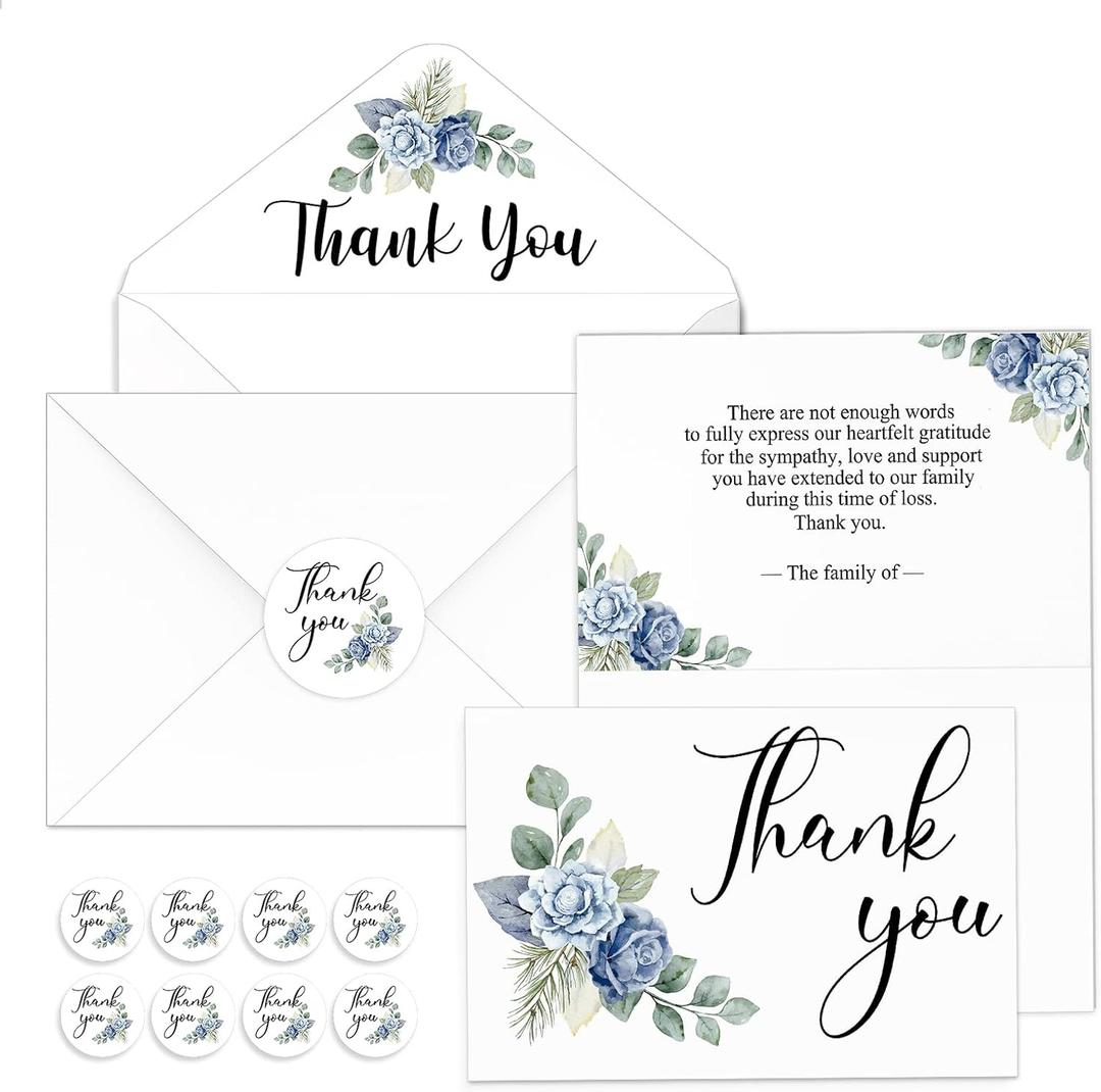 Fumete 50 Set Funeral Thank You Cards with Envelopes and Stickers Thank You Sympathy Cards with Meaningful Message Bereavement for Funeral Family Loved Ones Celebration of Life(Flower)