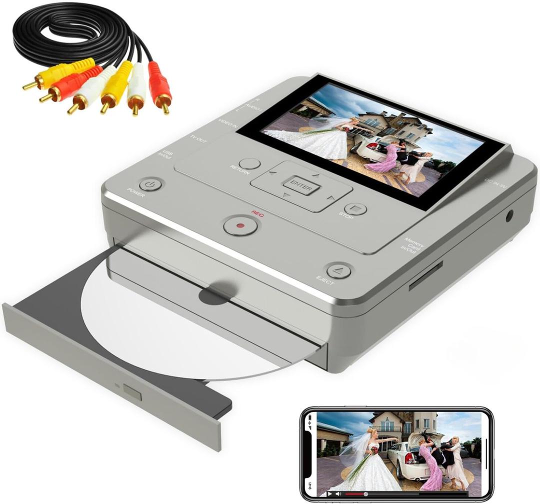 VHS to DVD Recorder & Converter Machine - VCR/Camcorder/Tape/Player to USB Device/SD Card/HDD, Smart Phone WiFi to DVD/USB/SD/HDD Copy, Free APP Digital Converterwith 10 DVDs & AV Cable (Light Grey)