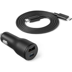 Amazon Basics Fast-Charging Car Charger, 1 USB-C (20W) + 1 USB-A (12W), 32W, with 3-Ft Cable, Black