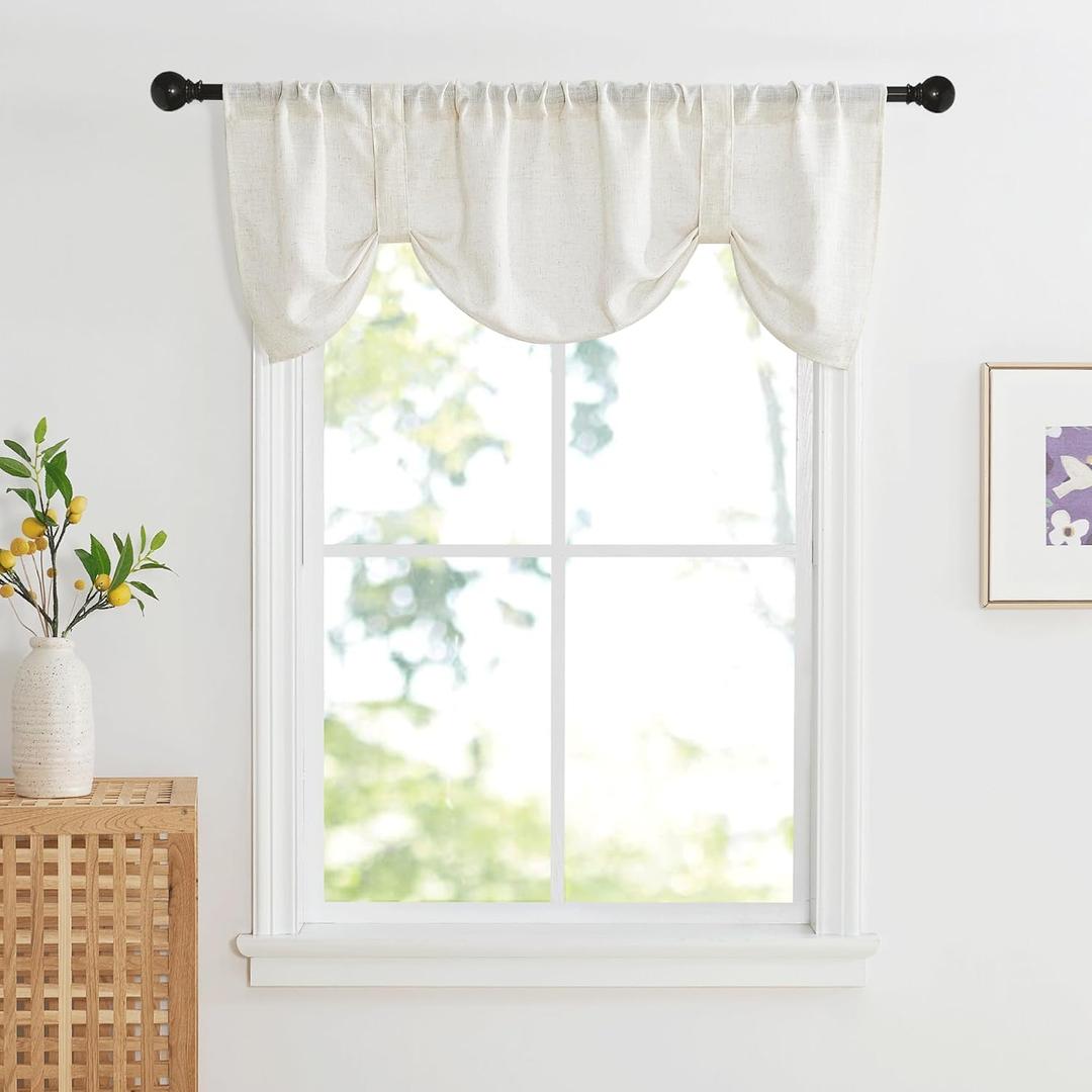 NICETOWN Tie Up Curtain Valance Window Topper for Living Room, Rod Pocket Adjustable Balloon Linen Valence for Windows 18 Inch Farmhouse Window Valance for Kitchen, 1 Panel, 52" x 18", Linen
