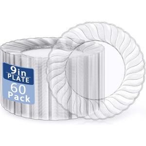U-QE 60 Pieces Clear Plastic Plates - 9 Inch Disposable Plates - Washable & Reusable - Premium Hard Clear Plates - Party Supplies for Birthdays, Celebrations, Travel, Wedding, Party and Events