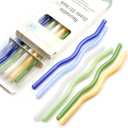 GET FRESH Reusable Wavy Glass Drinking Straws Set - 6pcs Colored Straws from Borosilicate Shatter Resistant Glass - Coloured Dishwasher Safe Wavy Cocktail Straws
