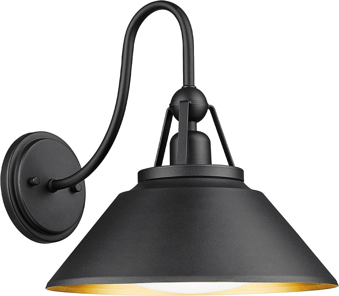 Black and Gold Wall Sconces, HWH Industrial Sconces Wall Lighting Indoor Outdoor Barn Light Fixture, 12'' Gooseneck Wall Lamp for Bathroom Bedroom Kitchen Garage, 5HYS89B BK