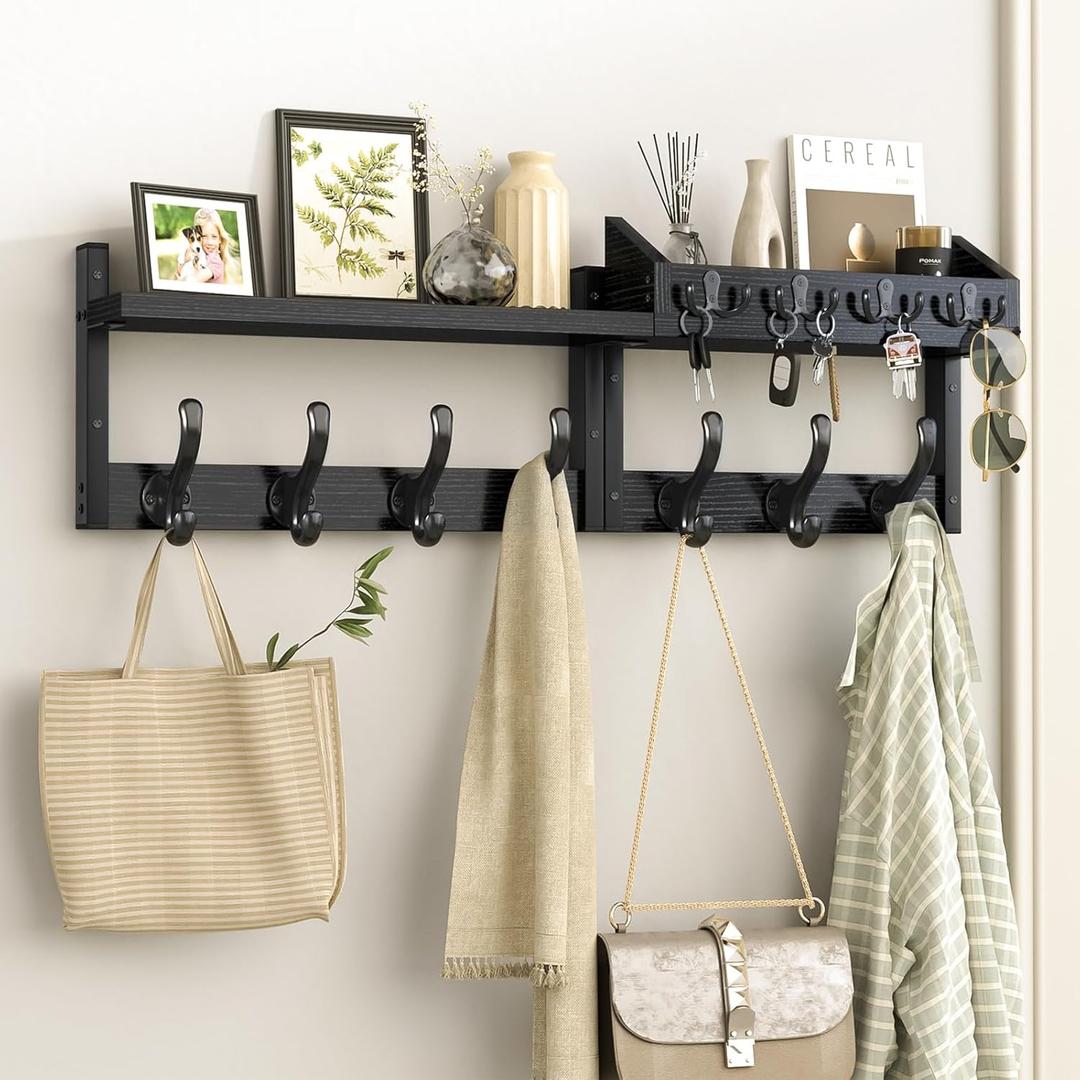 Evermagin 29" Coat Rack Wall Mount with Shelf, 4 in 1 Coat and Key Hanger with 11 Metal Hooks, Entryway Wall Mounted Shelf with Mail Holder for Living Room, Bedroom, Black