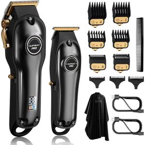 SUPRENT PRO Professional Hair Clippers for Men- Hair Cutting Kit & Zero Gap T-Blade Trimmer Combo- Cordless Barber Clipper Set with LED Display for Mens Gifts(Black)