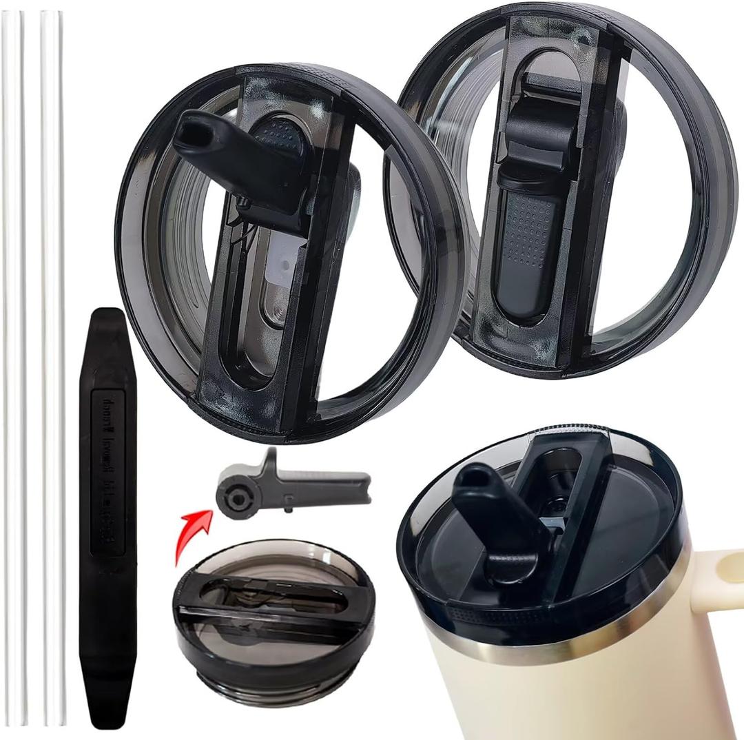 2 Pack 40 oz Tumbler Detachable Flip Straw Lid Replacement Fit for Stanley Quencher ProTour,Leak Proof Lid Compatible with Stanley Cup,No Spill Flip Top Tumbler Cover for Stanley Cup Accessories (black)