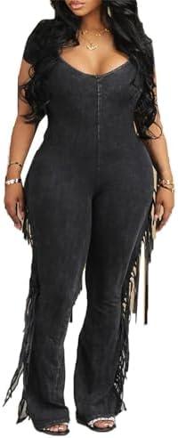 YOOTIKO Women's Sexy V Neck Bodycon Jumpsuit Tassels Fringe Pants Clubwear Casual Outfits Cute Romper XXL