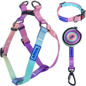 AIITLE No Pull Dog Harness & Leash & Collar - Adjustable Basic Collar with A Heavy Duty Leash - Super Sturdy Buckle and D Ring - Training Running for Large Dogs, Pink Gradient L