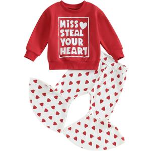 Toddler Baby Girl Valentines Outfit Daddy 's Valentine Crewneck Sweatshirt Shirts Flare Pant Valentines Clothes (12-18 Months, Red - Miss. Steal Your Heart)