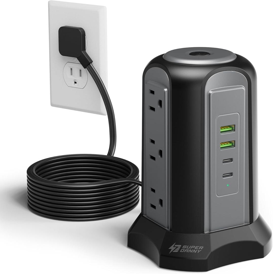 Power Strip Tower Surge Protector, SUPERDANNY Desktop Charging Station, 10 Ft Extension Cord, 9 Outlets, 4 USB Ports, 1080 Joules, 3-Prong, Grounded, Multiple Protections for Home, Office, Black